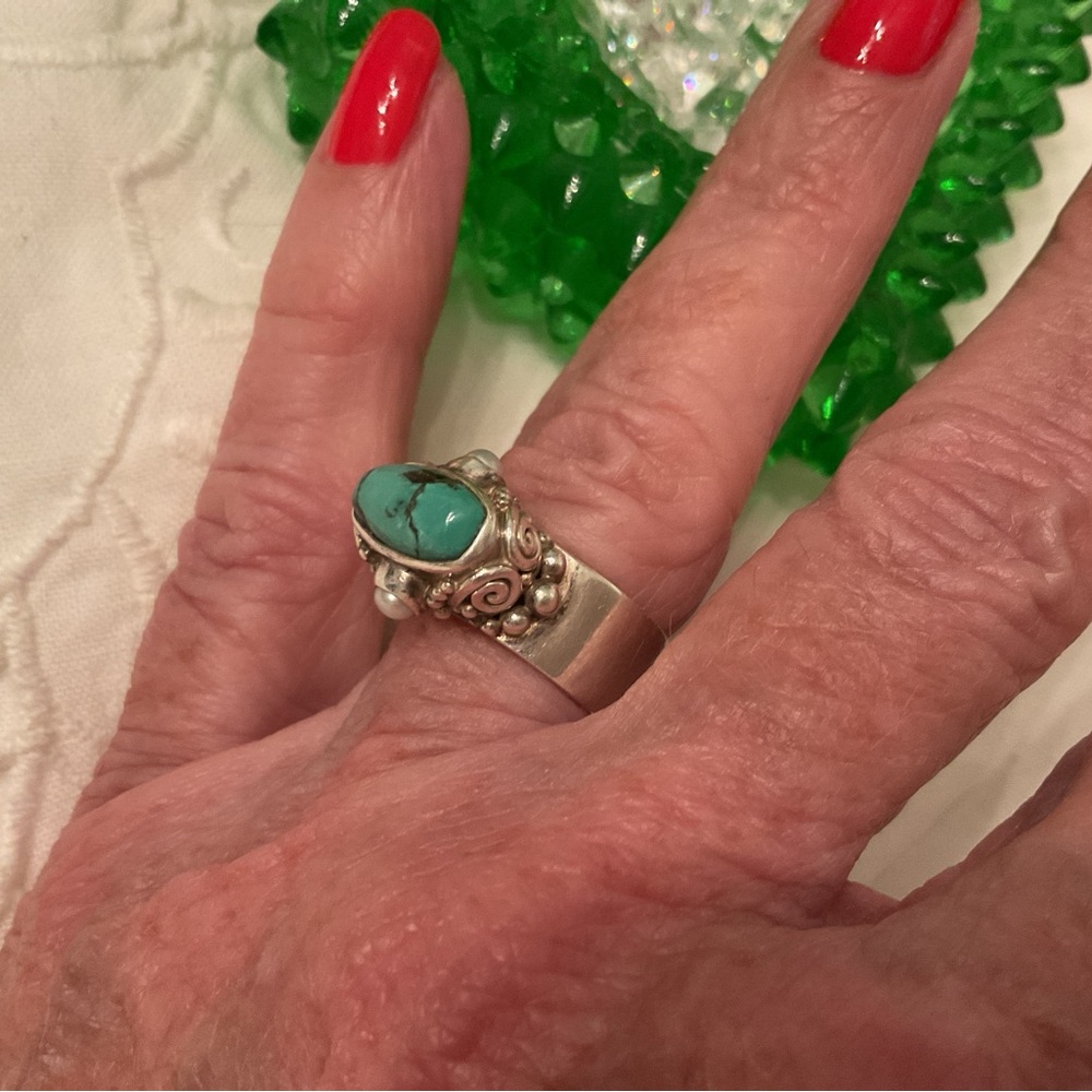 VINTAGE SAJEN SIGNED 925 STERLING SILVER TURQUOISE AND PEARL RING SIZE 7